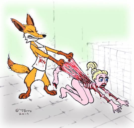 Cartoon Poster of fox pulling human skin